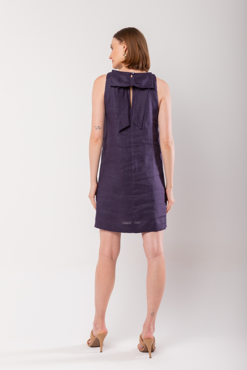 Hidrogênio - FLARE LINEN TANK TOP DRESS WITH BOW ON THE BACK, NAVY - 20081004