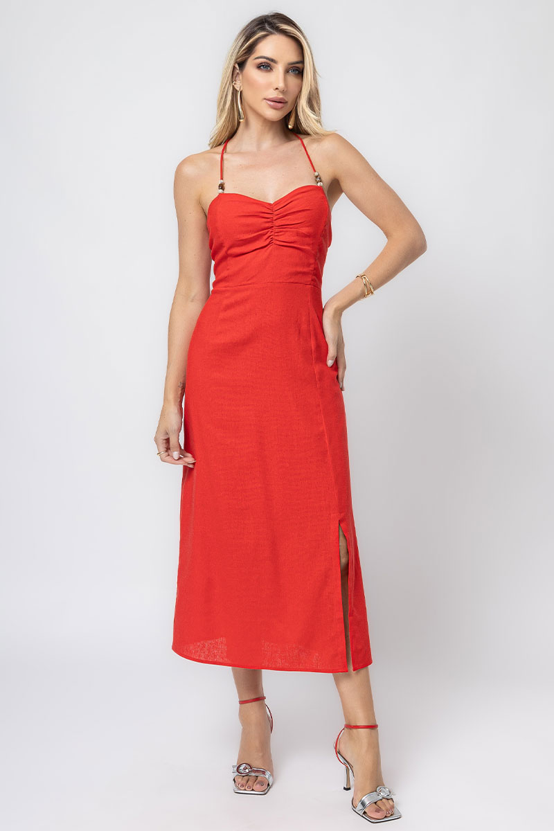 Miss Misses - Paula Linen Dress With Red Ponte Detail - 54370024