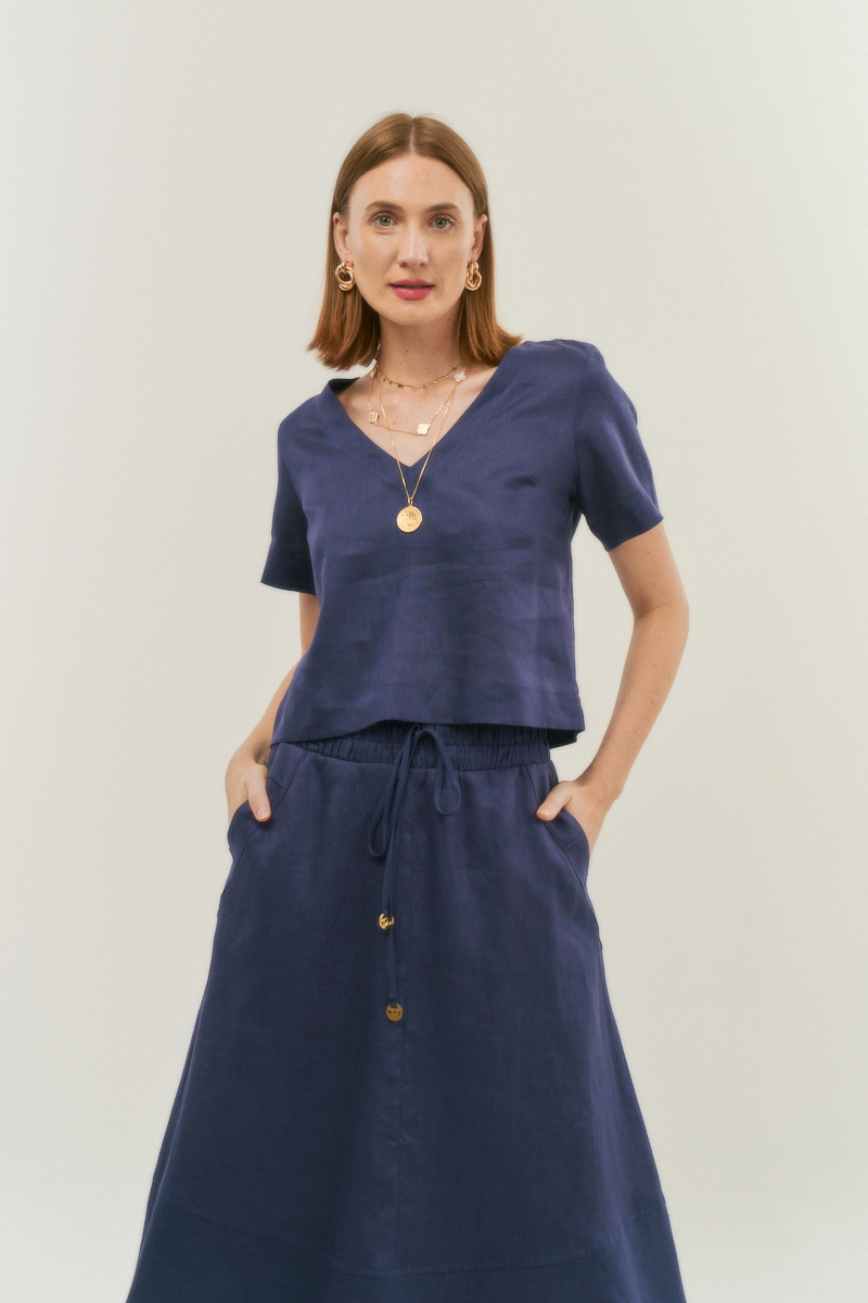 Hidrogênio - V-NECK SHORT SLEEVE LINEN BLOUSE 100% NAVY - 20086004