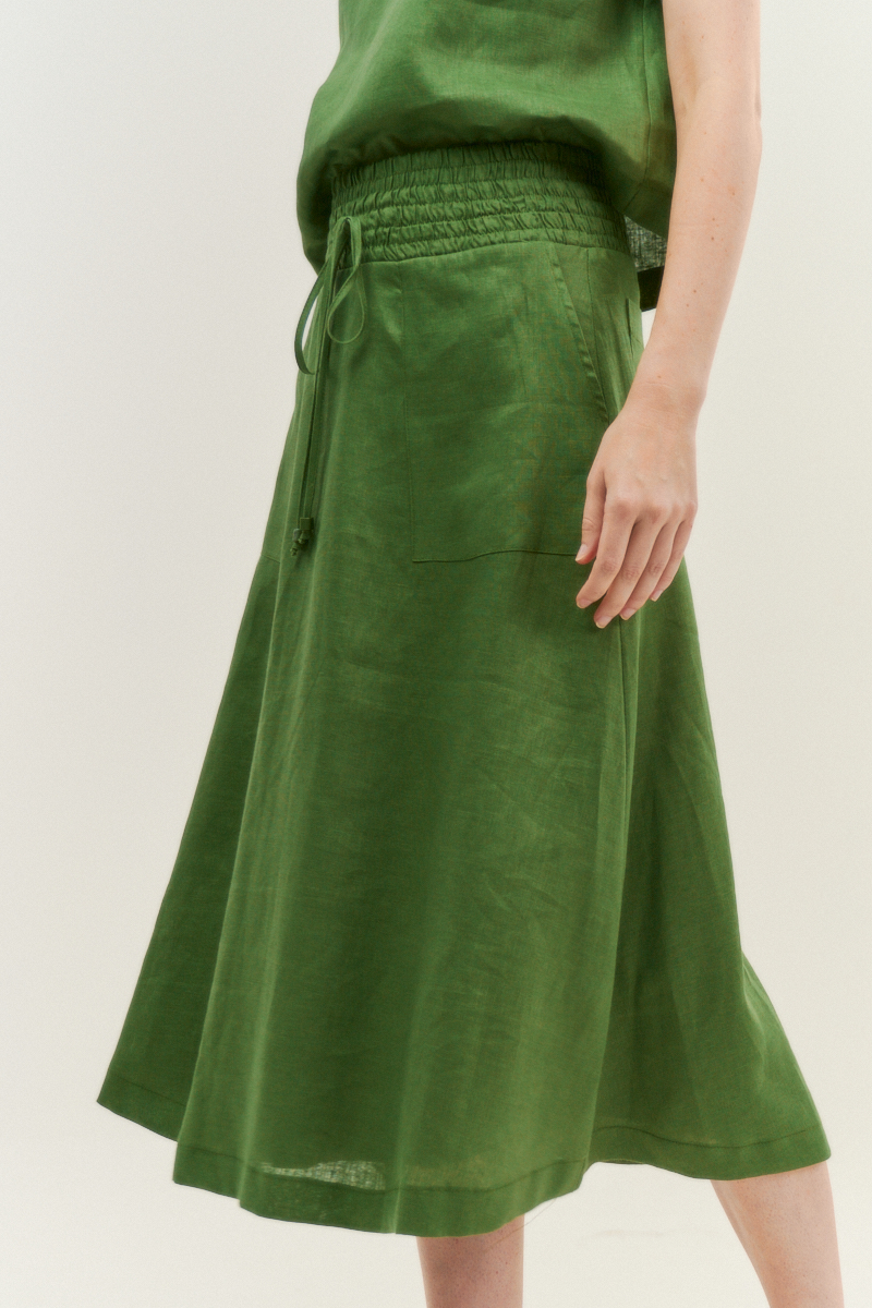 Hidrogênio - 100% GREEN LINEN MIDI FLARE SKIRT - 19800009