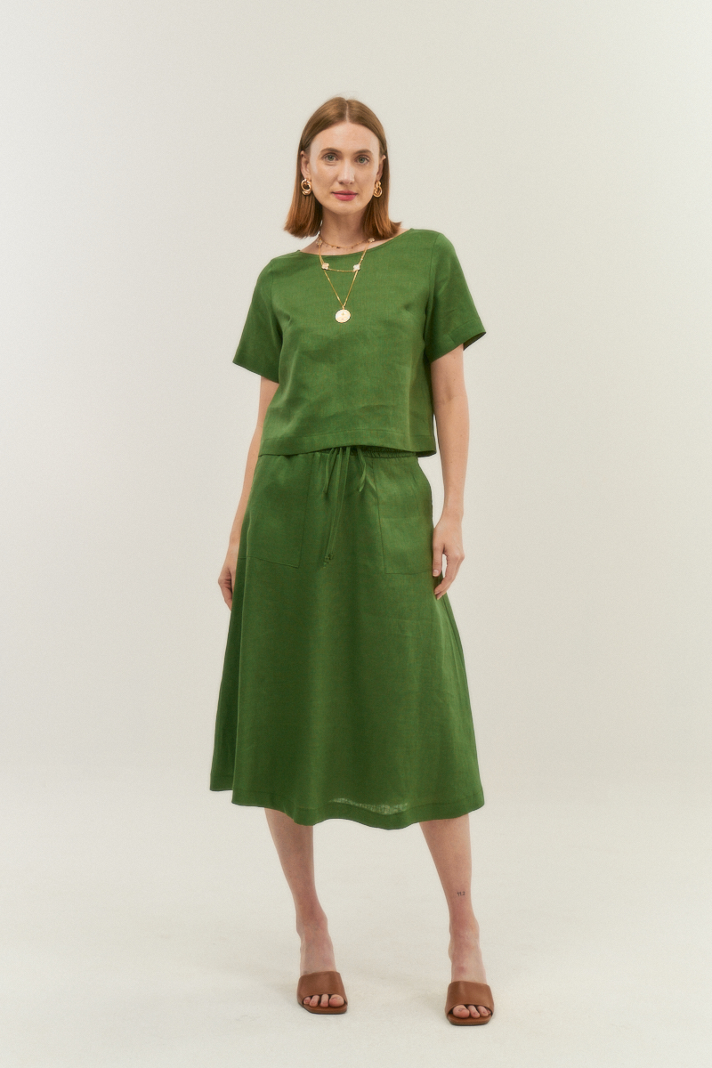 Hidrogênio - 100% GREEN LINEN MIDI FLARE SKIRT - 19800009