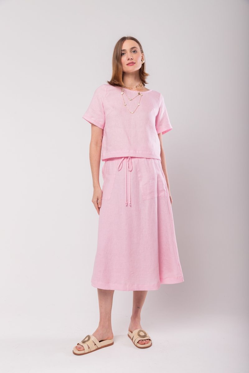 Hidrogênio - 100% PINK LINEN MIDI FLARE SKIRT - 19800021