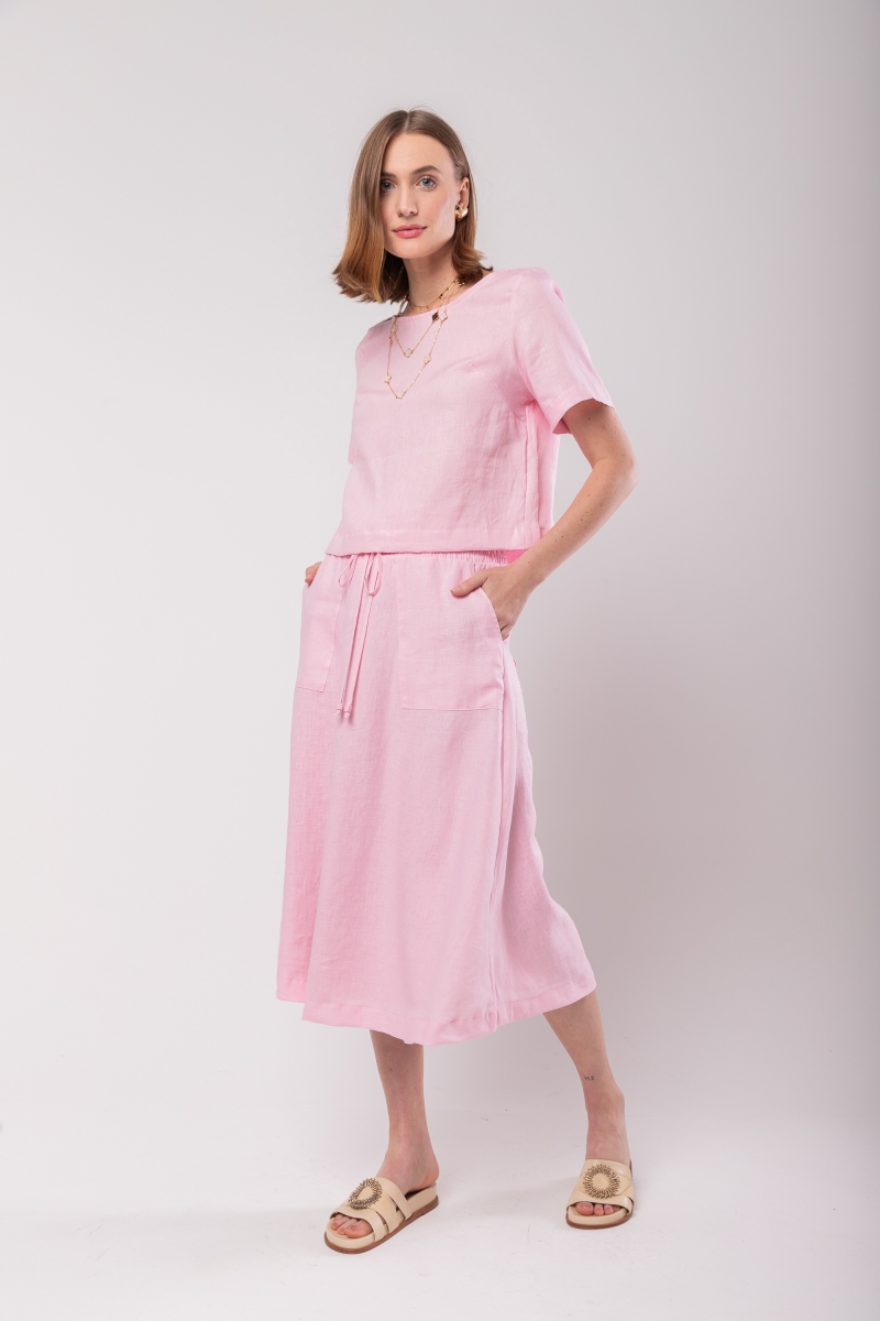 Hidrogênio - 100% PINK LINEN MIDI FLARE SKIRT - 19800021