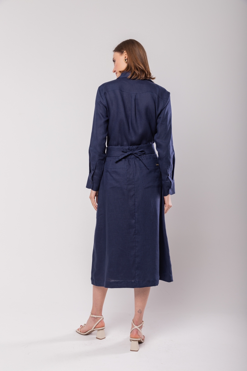 Hidrogênio - MIDI SKIRT WITH BOW BELT 100% NAVY LINEN - 20098004