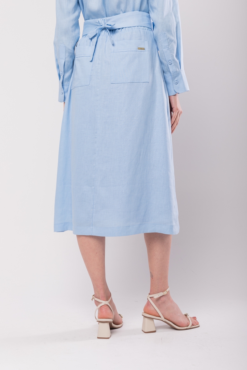 Hidrogênio - MIDI SKIRT WITH BOW BELT 100% BABY BLUE LINEN - 20098111