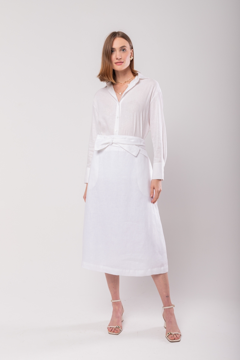 Hidrogênio - MIDI SKIRT WITH BOW BELT 100% WHITE LINEN - 20098002