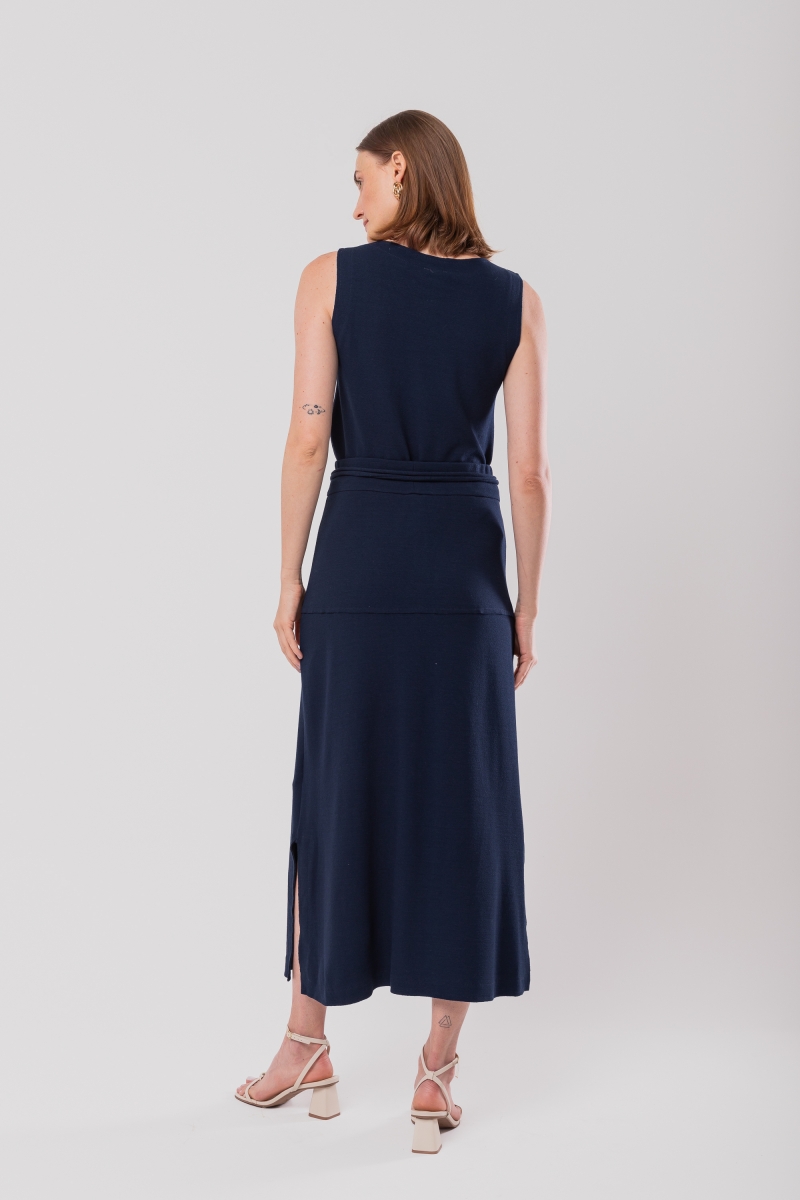 Hidrogênio - NAVY CREPE KNITTED MIDI SKIRT WITH SLITS - 20165004