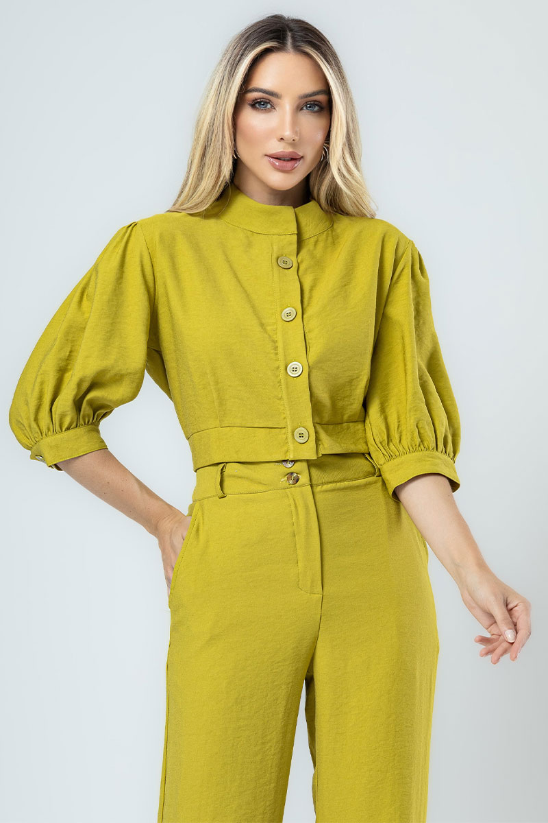 Miss Misses - Nathalia Shirt with Sleeves and Buttons in Green - 805611023