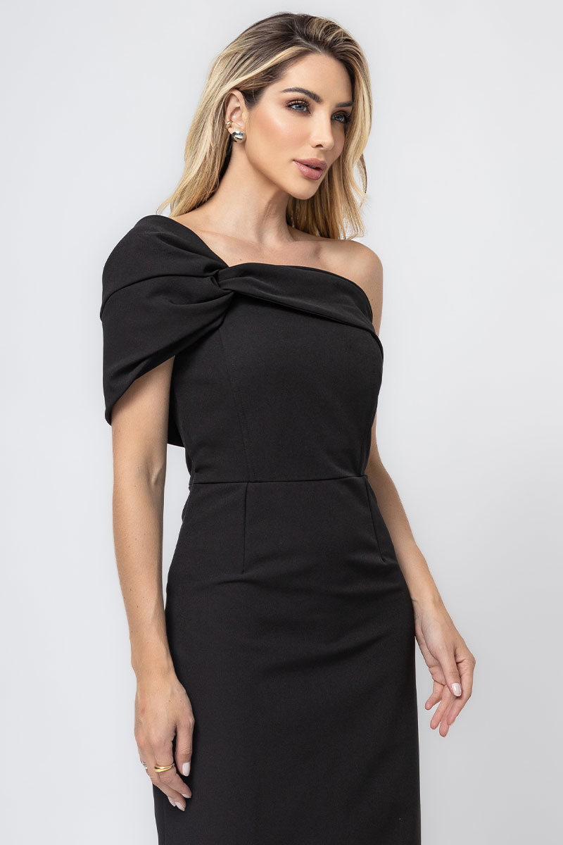 Miss Misses - Miss Misses MD TQC Dress with Asymmetrical Detail in Black - 54343PRETO