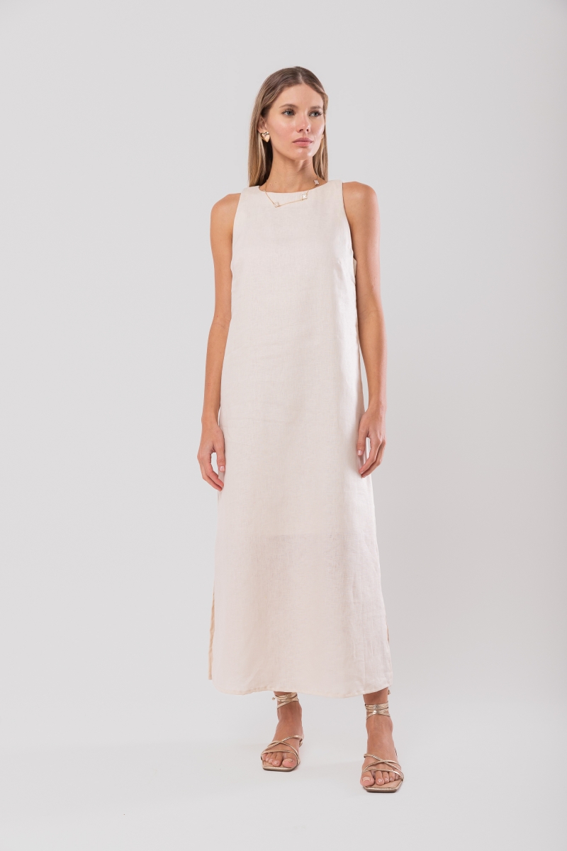 Hidrogênio - NATURAL LINEN MIDI DRESS WITH SLIT - 20171182