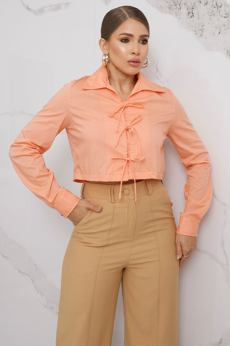 Miss Misses - Olivia Long Sleeve Shirt with Orange Tie - 54361216