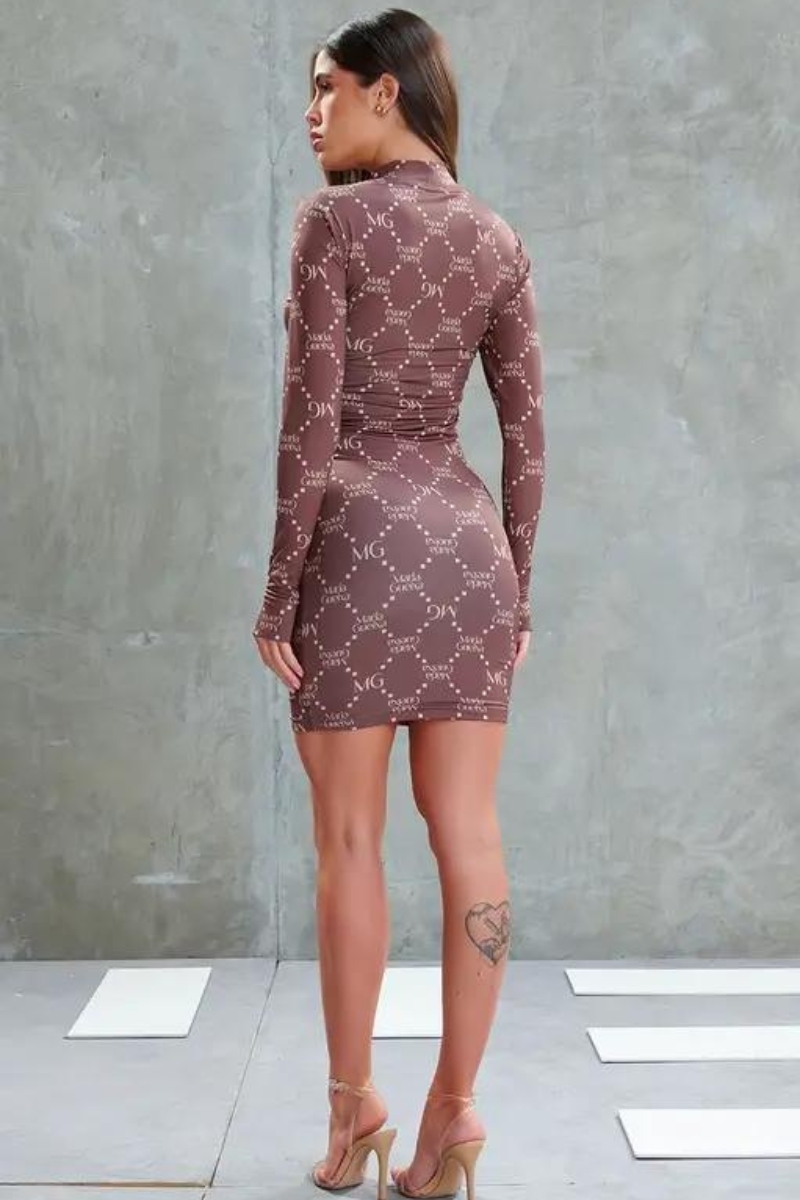 Maria Gueixa - MARIA GUEIXA PRINTED HIGH NECK DRESS LUXURY BRAND BROWN - 11109