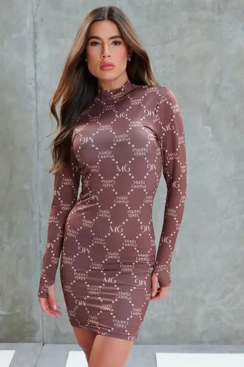 Maria Gueixa - MARIA GUEIXA PRINTED HIGH NECK DRESS LUXURY BRAND BROWN - 11109