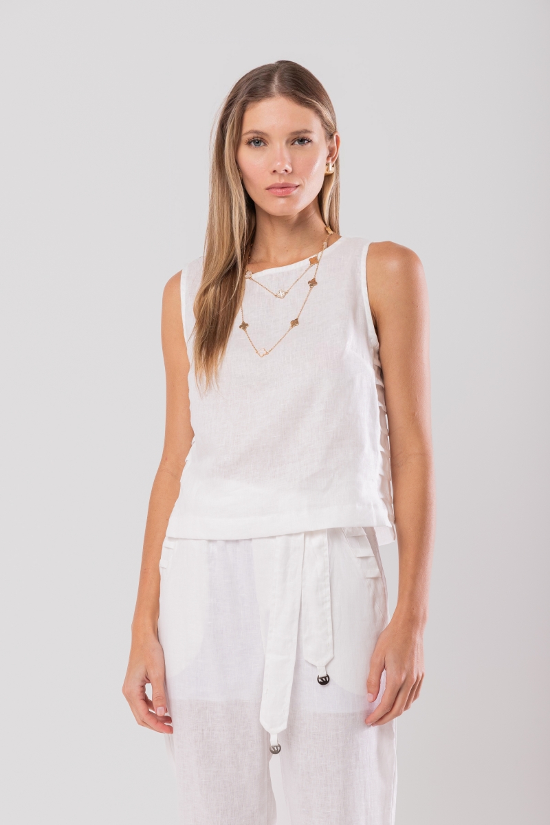 Hidrogênio - OFF-WHITE LINEN TANK TOP WITH SIDE PLEATS - 20139018