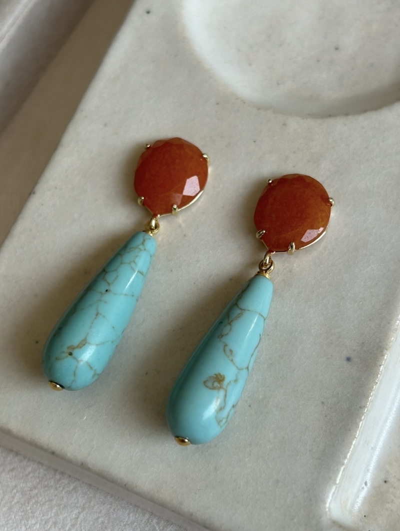 Mikabe - Burano Earring Orange Jade Stone and Turquoise Howlite - MK1975