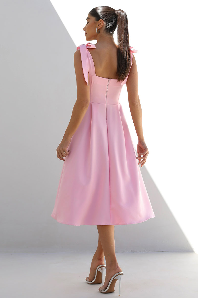 Miss Misses - Michele Midi Dress With Straps and Bows On The Shoulders In Pink - 54392060