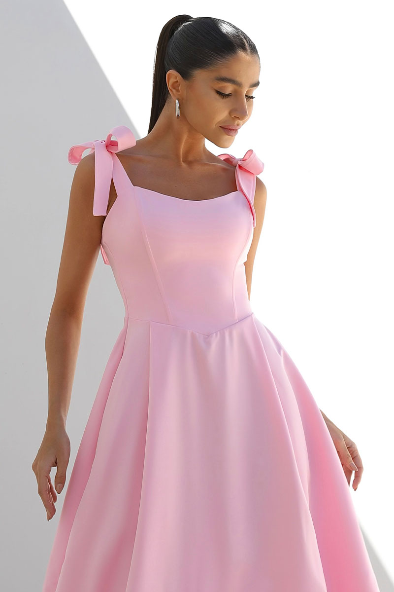 Miss Misses - Michele Midi Dress With Straps and Bows On The Shoulders In Pink - 54392060