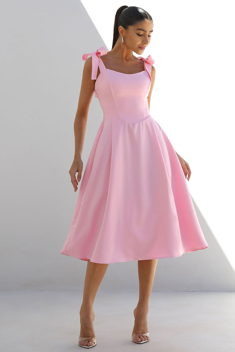 Miss Misses - Michele Midi Dress With Straps and Bows On The Shoulders In Pink - 54392060