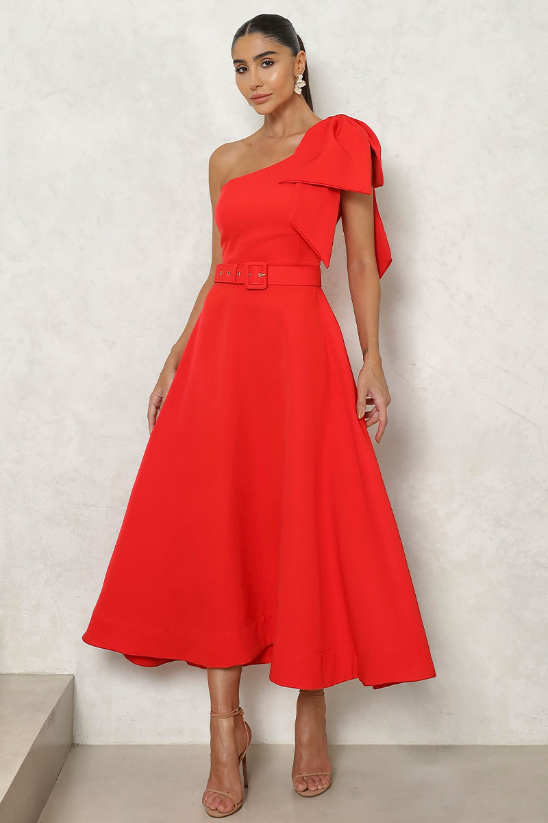 Miss Misses - Julia Long One Shoulder Dress with Bow and Red Belt - 54384024