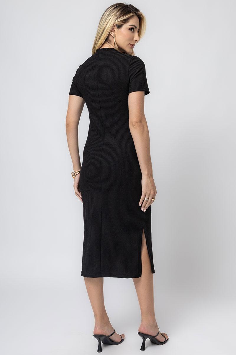 Miss Misses - Paloma Short Sleeve Ribbed Midi Dress with Side Slit in Black - 54397001