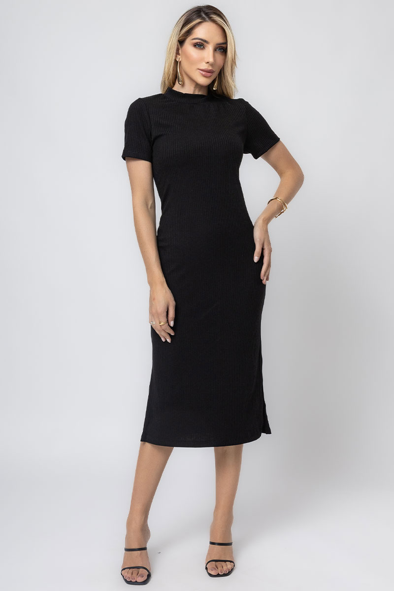 Miss Misses - Paloma Short Sleeve Ribbed Midi Dress with Side Slit in Black - 54397001