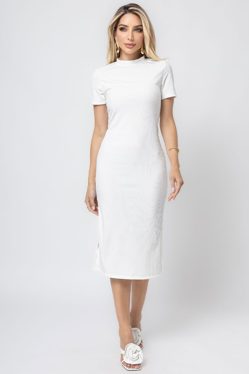 Miss Misses - Paloma Short Sleeve Ribbed Midi Dress with Side Slit Off White - 54397030