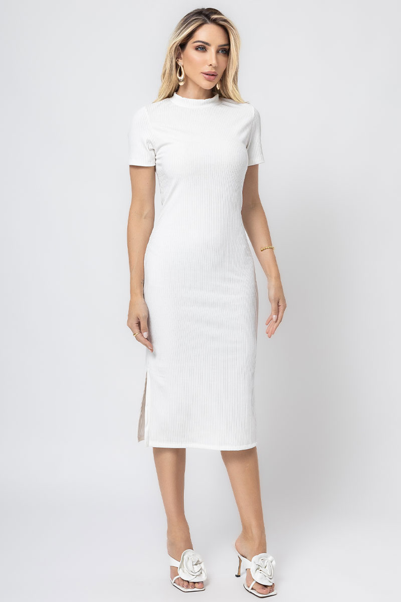 Miss Misses - Paloma Short Sleeve Ribbed Midi Dress with Side Slit Off White - 54397030