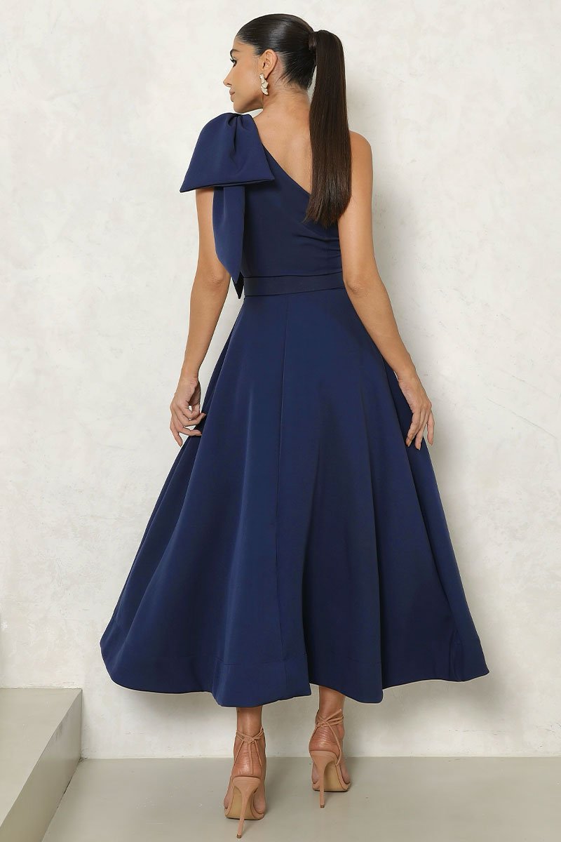 Miss Misses - Julia Long One Shoulder Dress with Bow and Belt in Blue - 54384002