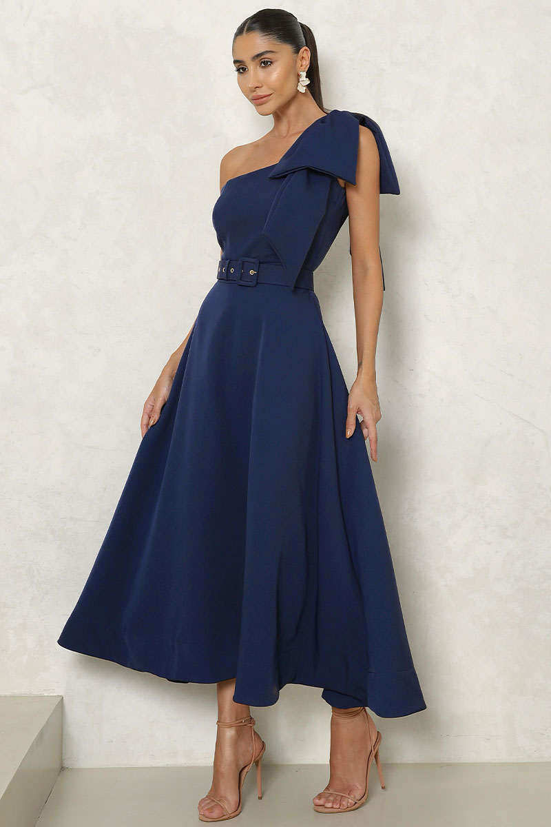 Miss Misses - Julia Long One Shoulder Dress with Bow and Belt in Blue - 54384002