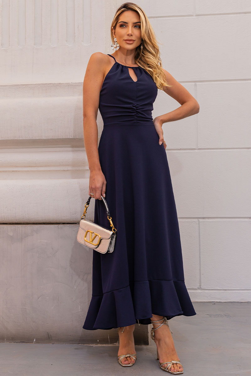 Miss Misses - Cristina Long Dress with Ruffles on the Bust and Frill on the Hem in Blue - 54407002