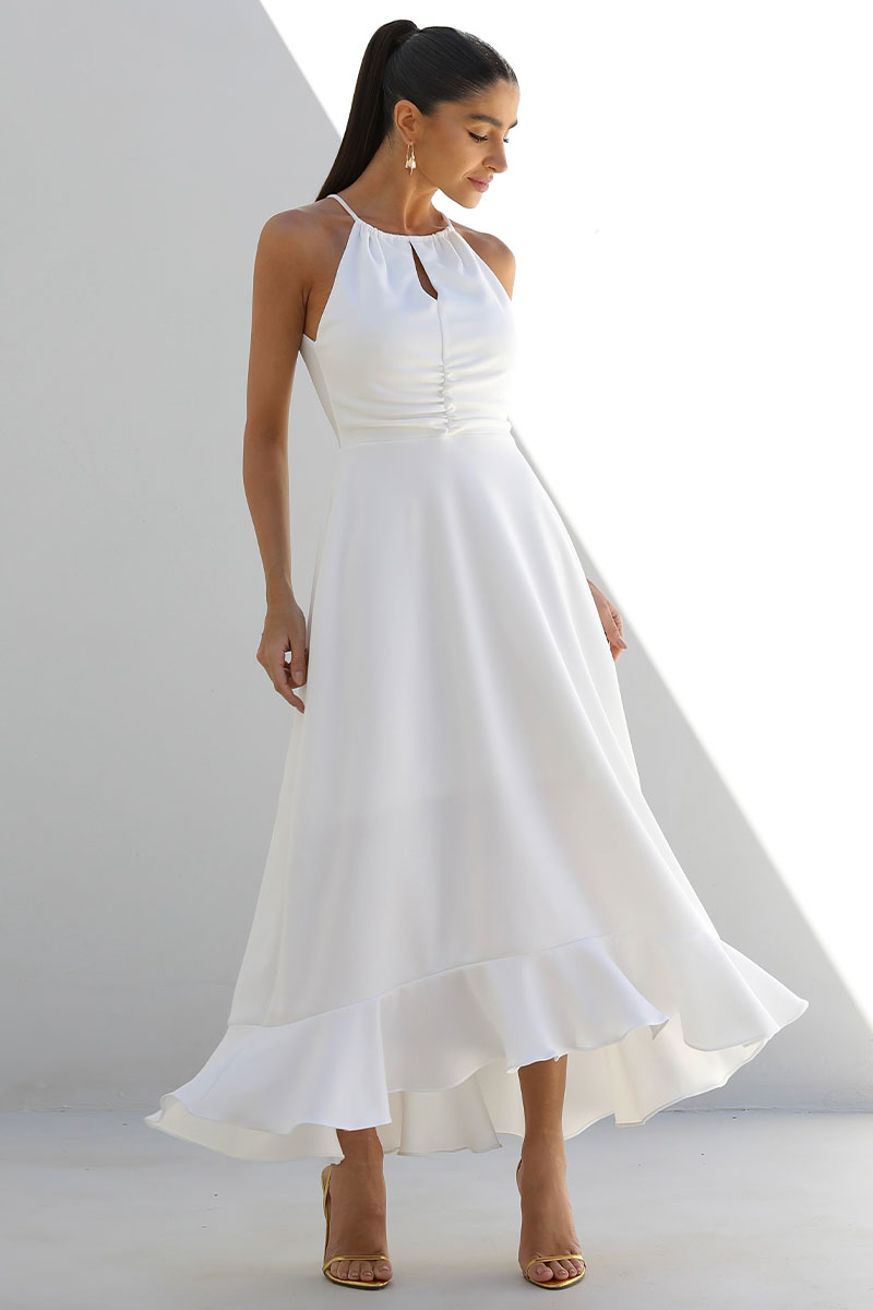 Miss Misses - Cristina Long Dress with Gathered Bust and Frill at the Hem Off White - 54407030