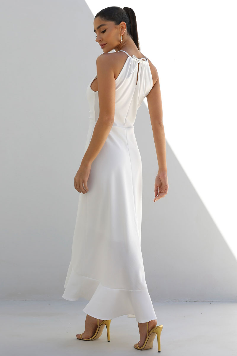 Miss Misses - Cristina Long Dress with Gathered Bust and Frill at the Hem Off White - 54407030