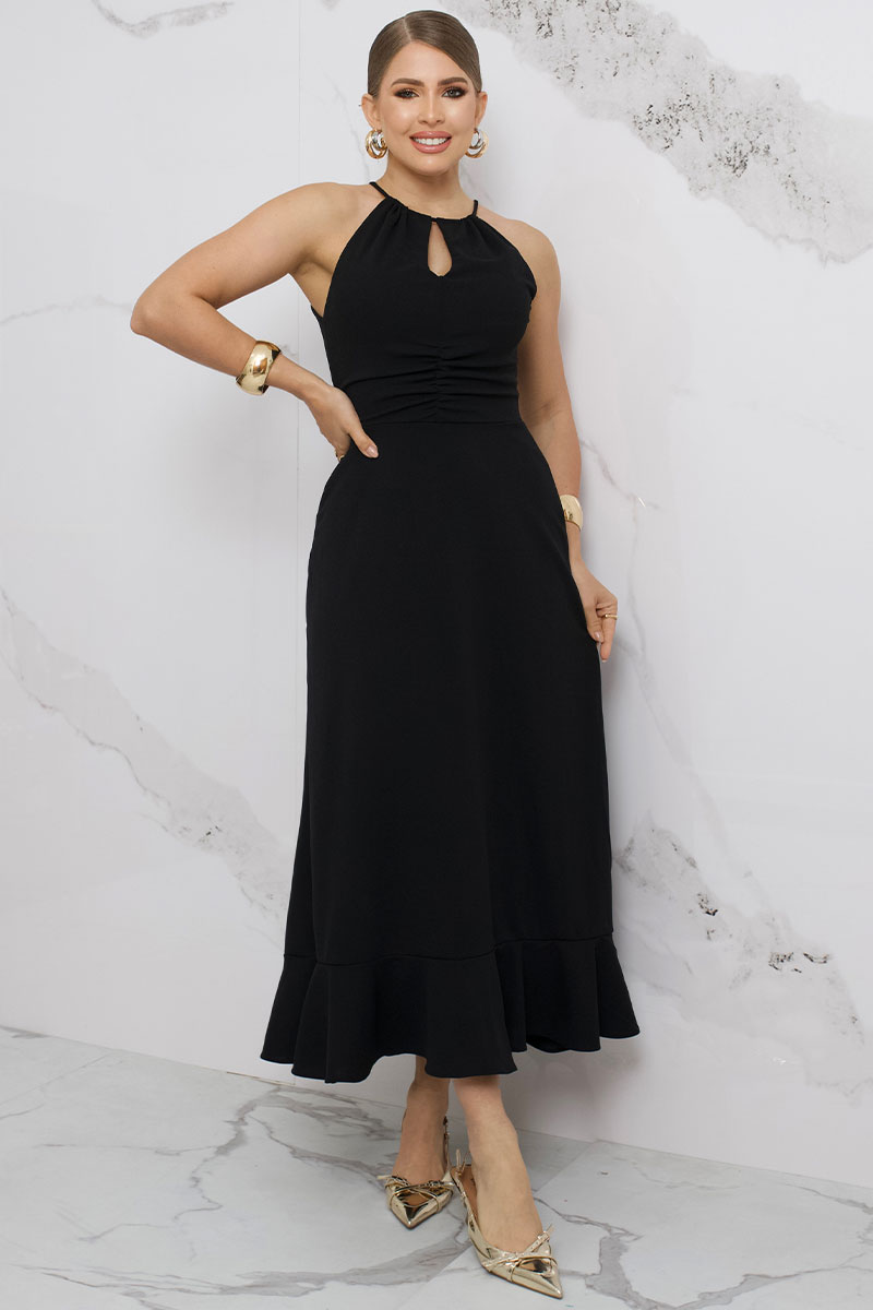 Miss Misses - Cristina Long Dress with Gathered Bust and Frill at the Hem in Black - 54407001