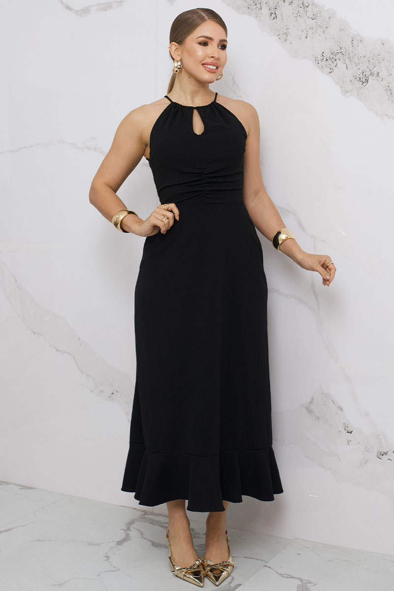 Miss Misses - Cristina Long Dress with Gathered Bust and Frill at the Hem in Black - 54407001