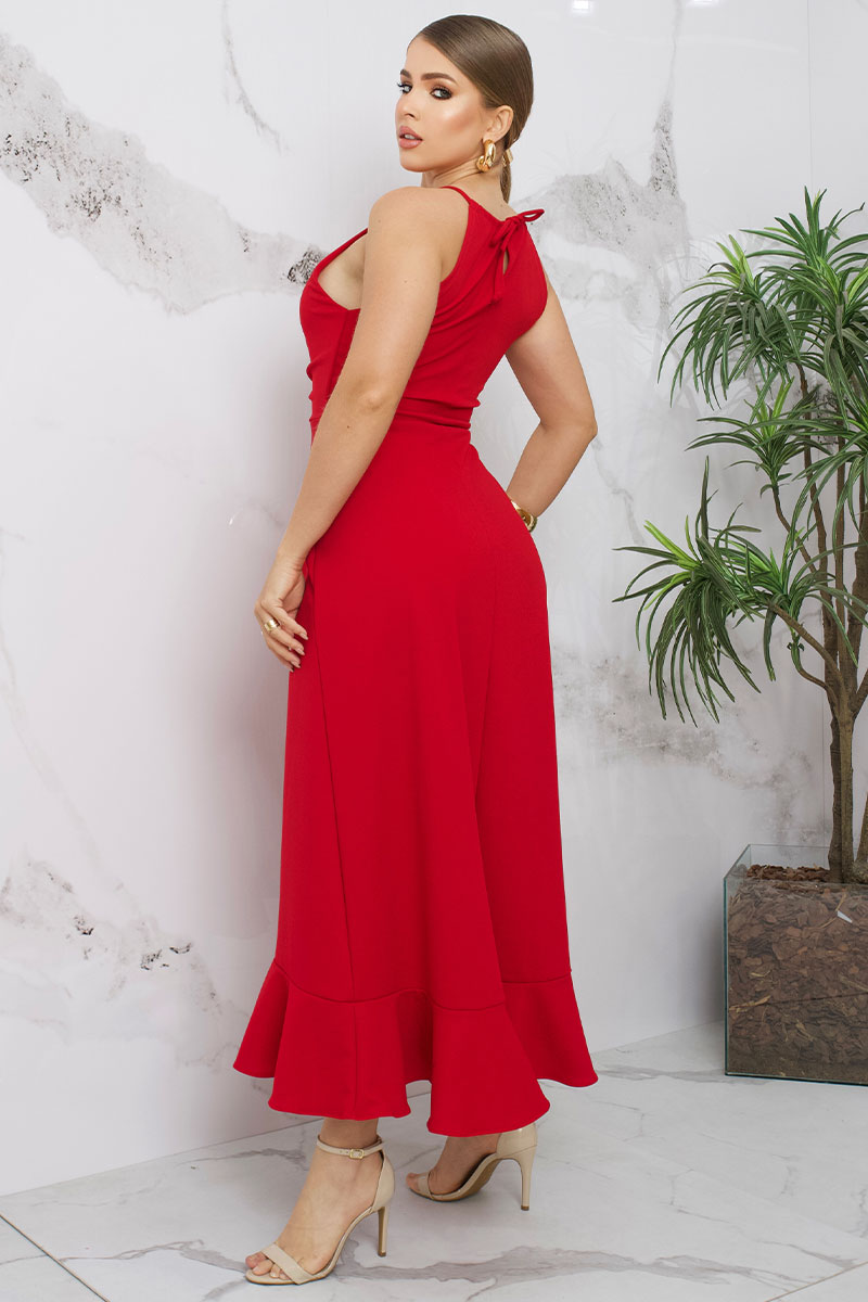 Miss Misses - Cristina Long Dress with Ruffles on the Bust and Frill on the Hem in Red - 54407024