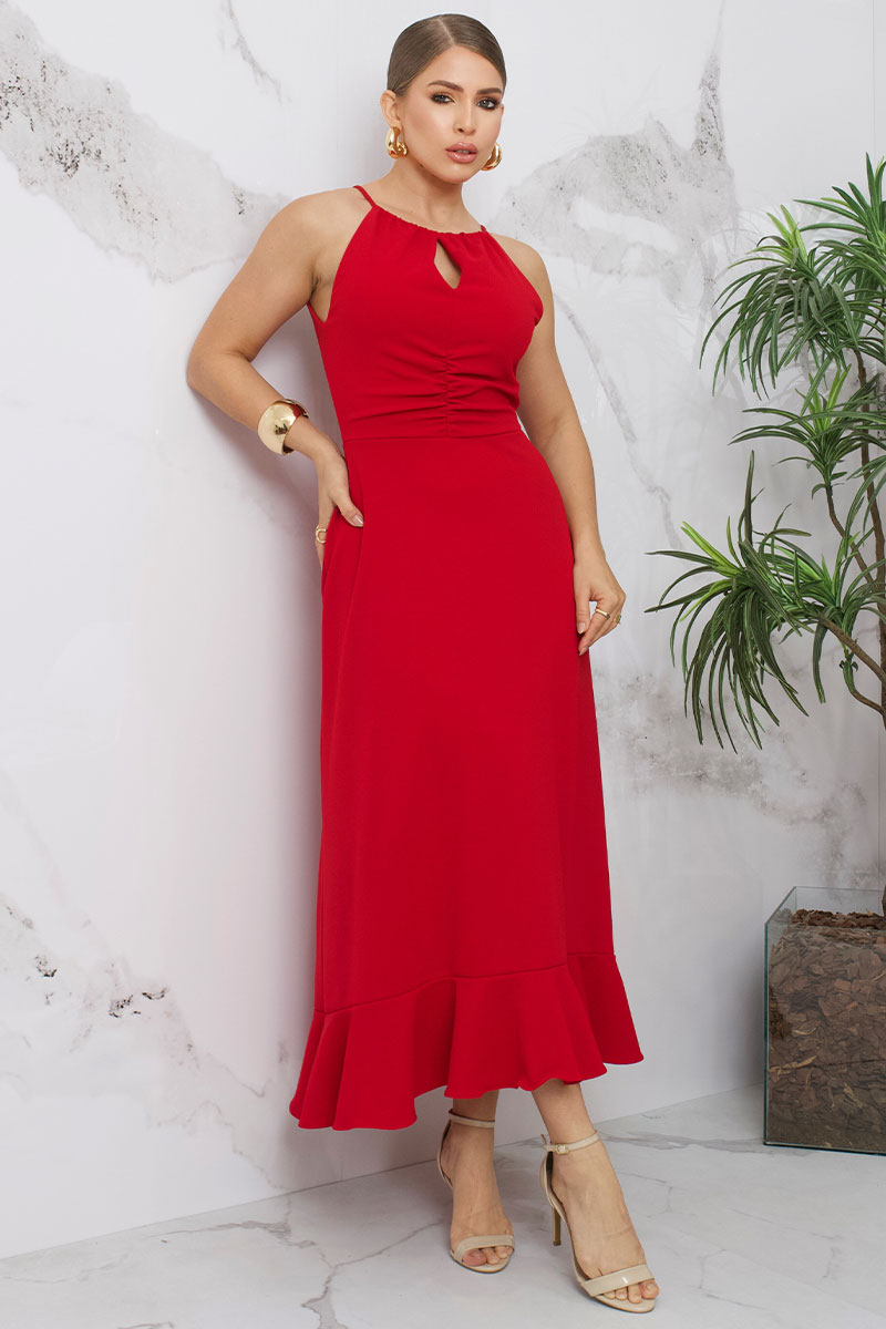 Miss Misses - Cristina Long Dress with Ruffles on the Bust and Frill on the Hem in Red - 54407024