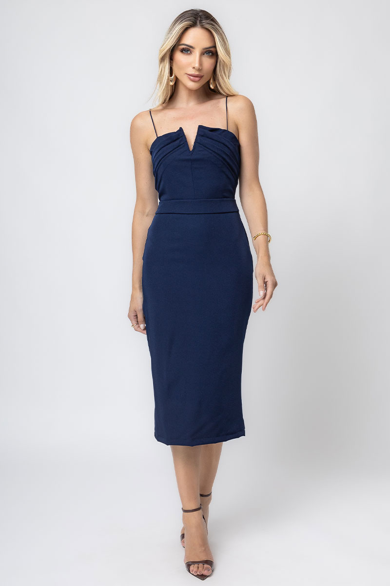 Miss Misses - Miss Misses Eduarda Midi Navy Blue Dress - 80562AZUL