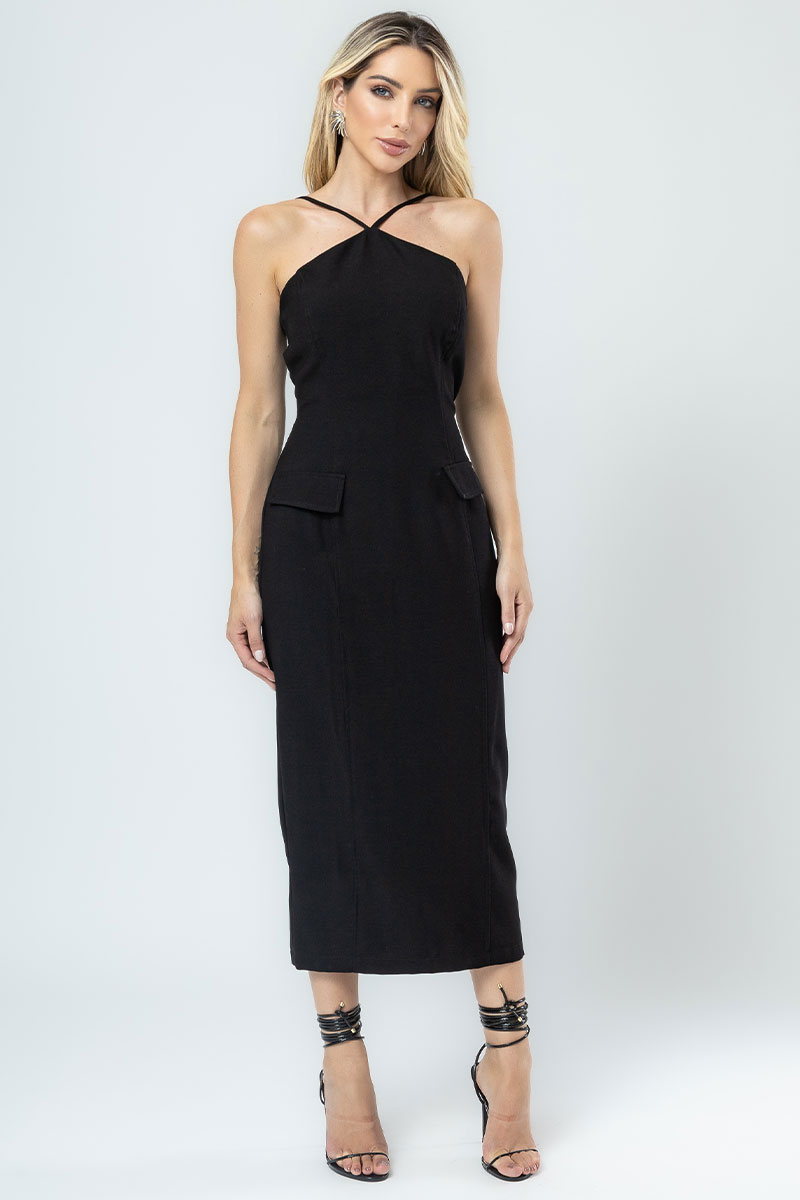 Miss Misses - Valeria Midi Dress with Halter Neck and Lapel in Black - 54373001