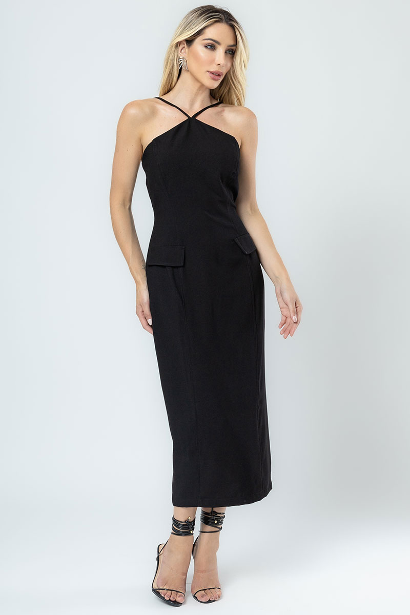 Miss Misses - Valeria Midi Dress with Halter Neck and Lapel in Black - 54373001