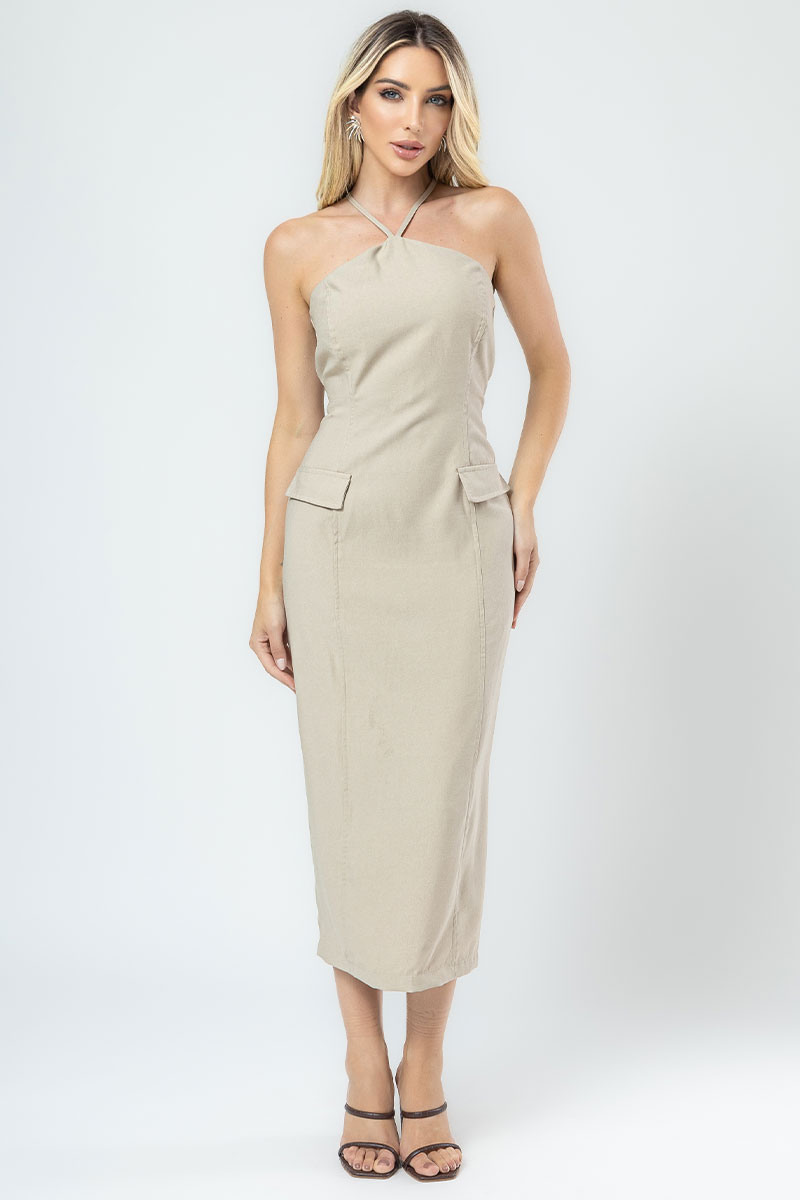 Miss Misses - Valeria Midi Dress with Halter Neck and Beige Lapel - 54373215