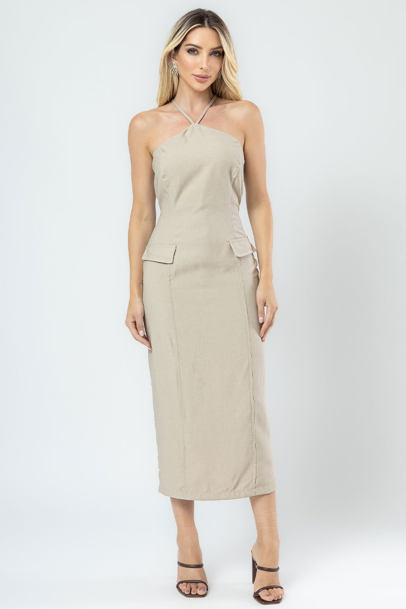 Miss Misses - Valeria Midi Dress with Halter Neck and Beige Lapel - 54373215