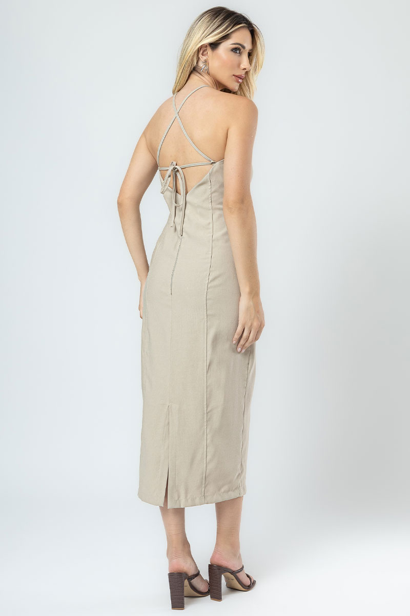 Miss Misses - Valeria Midi Dress with Halter Neck and Beige Lapel - 54373215