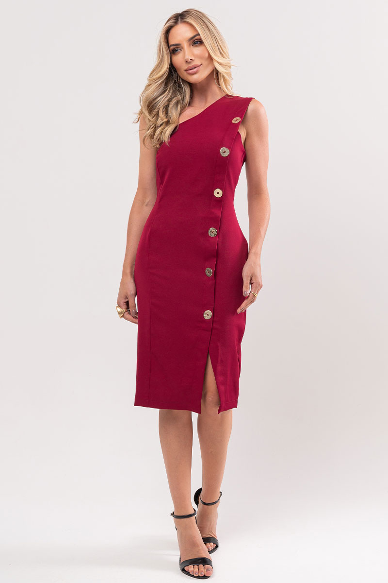 Miss Misses - Miss Misses Midi One Shoulder Dress with Burgundy Buttons - 54348018