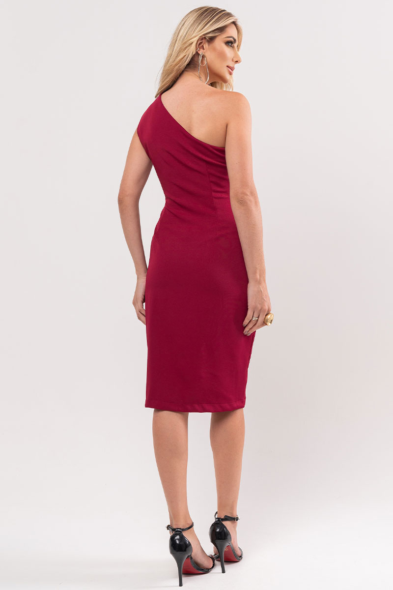 Miss Misses - Miss Misses Midi One Shoulder Dress with Burgundy Buttons - 54348018