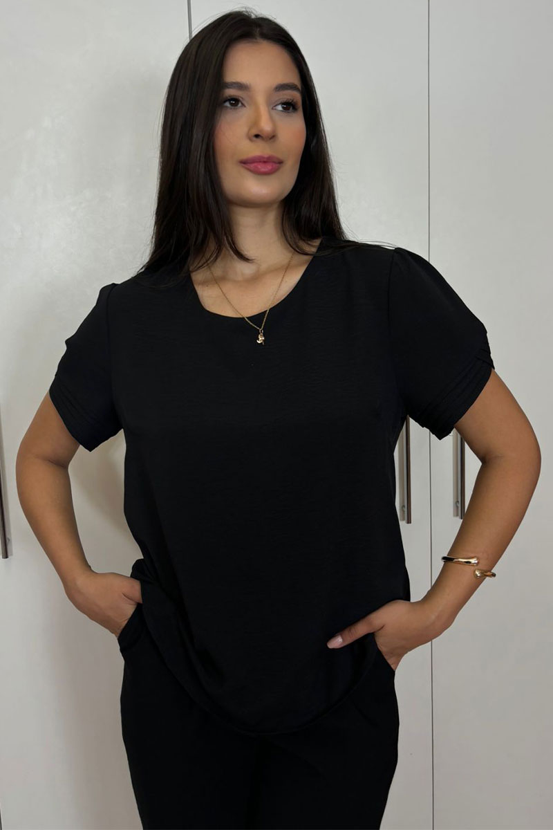 Miss Misses - Kim Short Sleeve Shirt With Pleats Black - 80574001