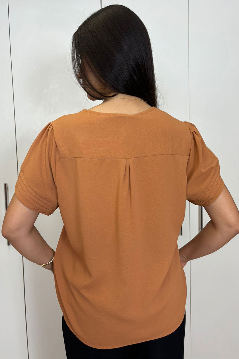 Miss Misses - Kim Short Sleeve Shirt with Caramel Pleats - 80574134