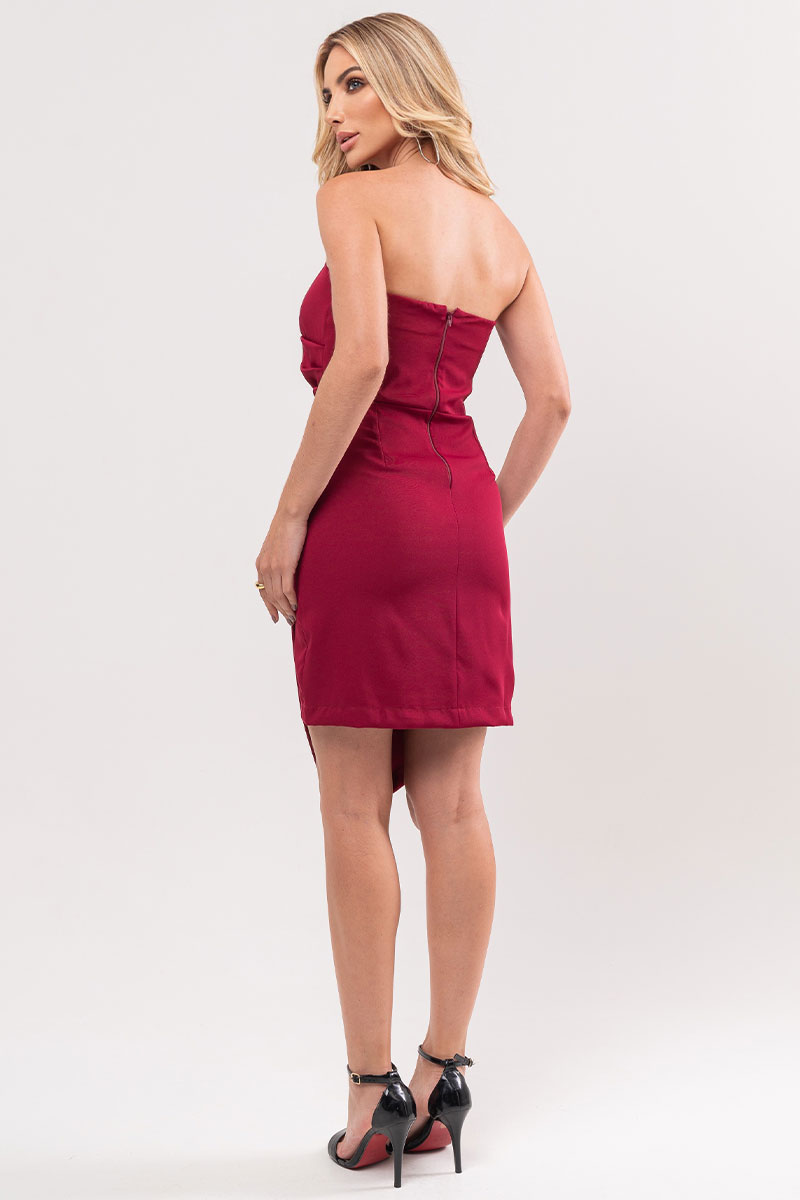 Miss Misses - Miss Misses Strapless Asymmetrical Burgundy Dress - 54344018