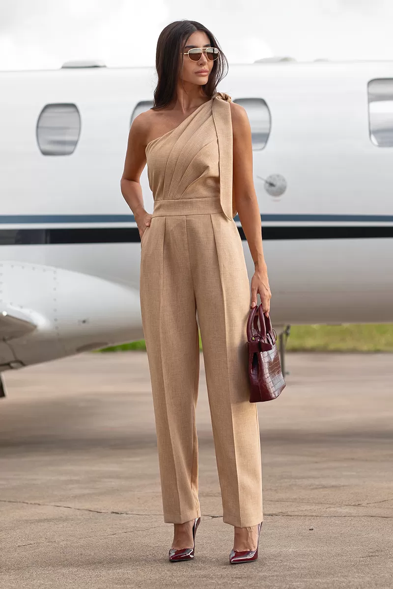 Dot Clothing - Dot Clothing One Shoulder Beige Jumpsuit - 2743BEGE Dot Clothing - Dot Clothing One Shoulder Beige Jumpsuit - 2743BEGE