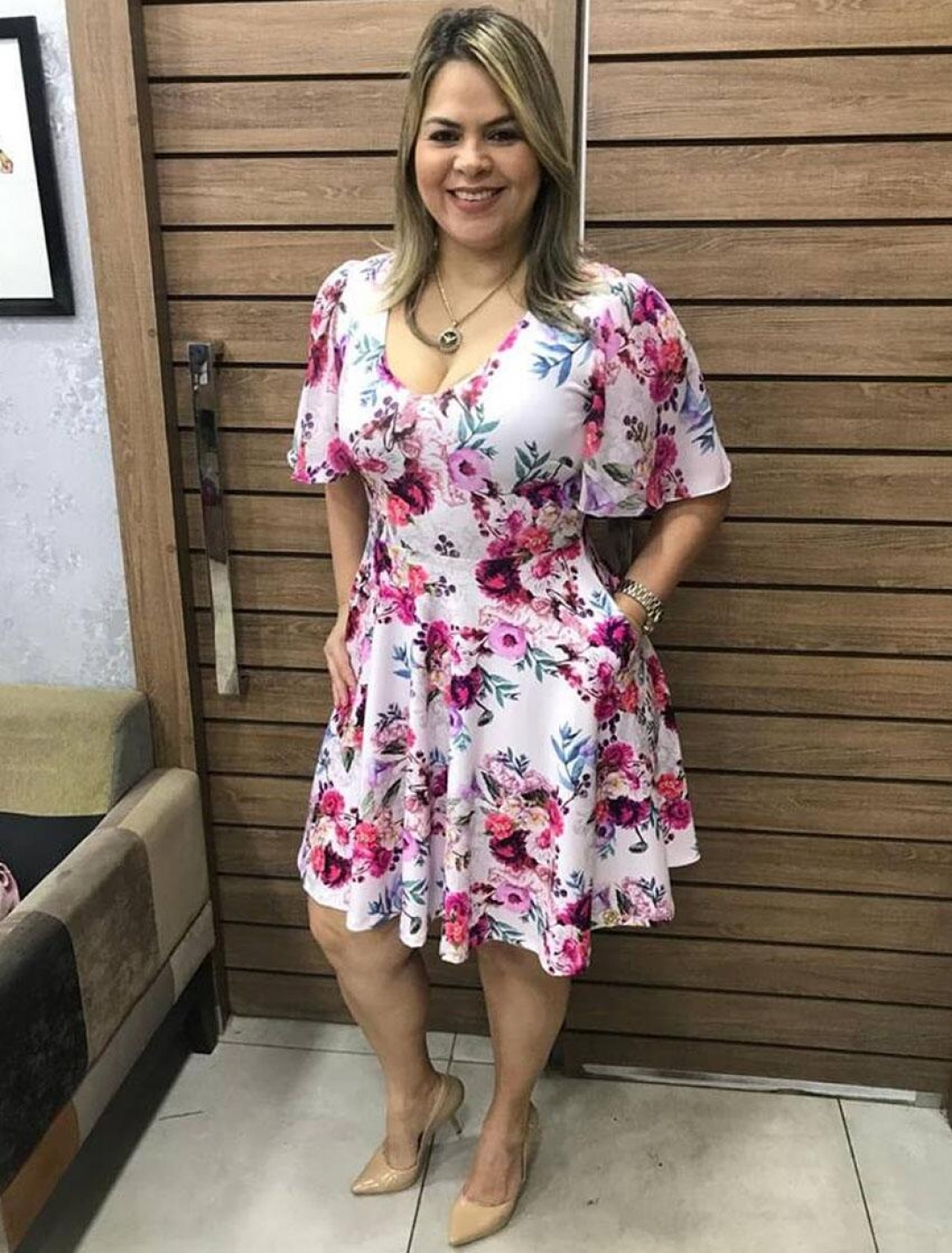 Miss Misses - Vestido Miss Misses Plus size Estampado Rosa - 10010174