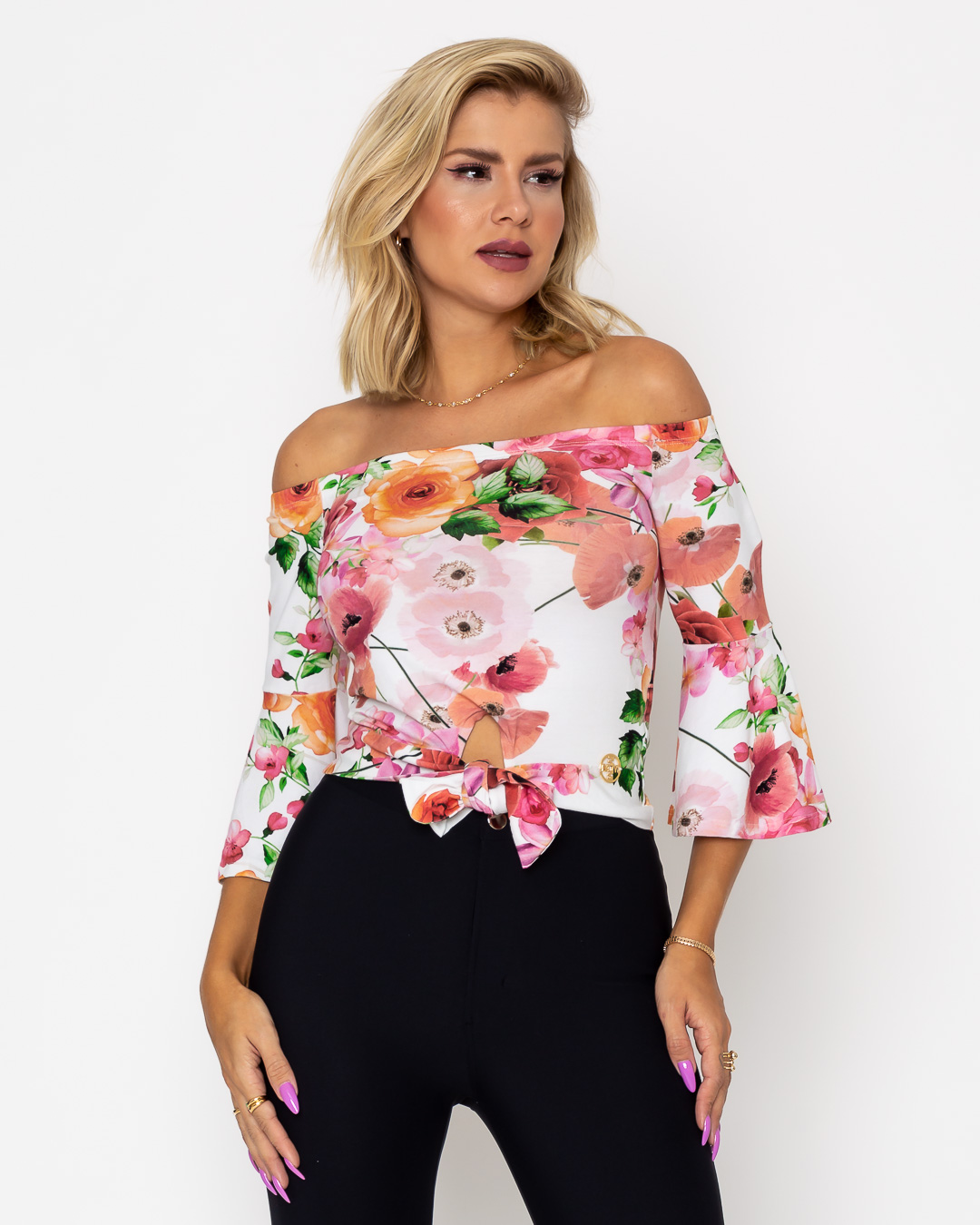 Miss Misses - Cropped Miss Misses bell sleeve White Print - 10012107